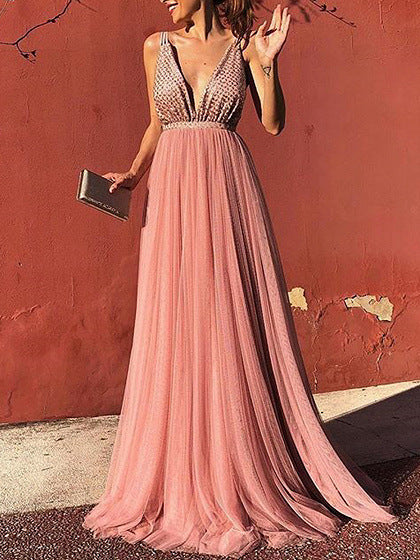 Women's Elegant Graceful Sequined Sexy V-neck Backless Long Dresses