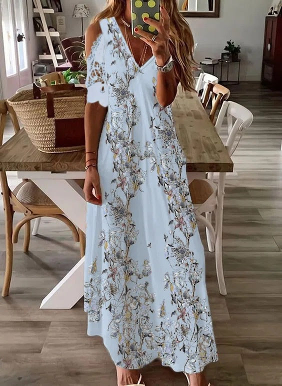 Damen-Sommer-Blumendruck, langes Bohemian-Kleid mit Kleidern