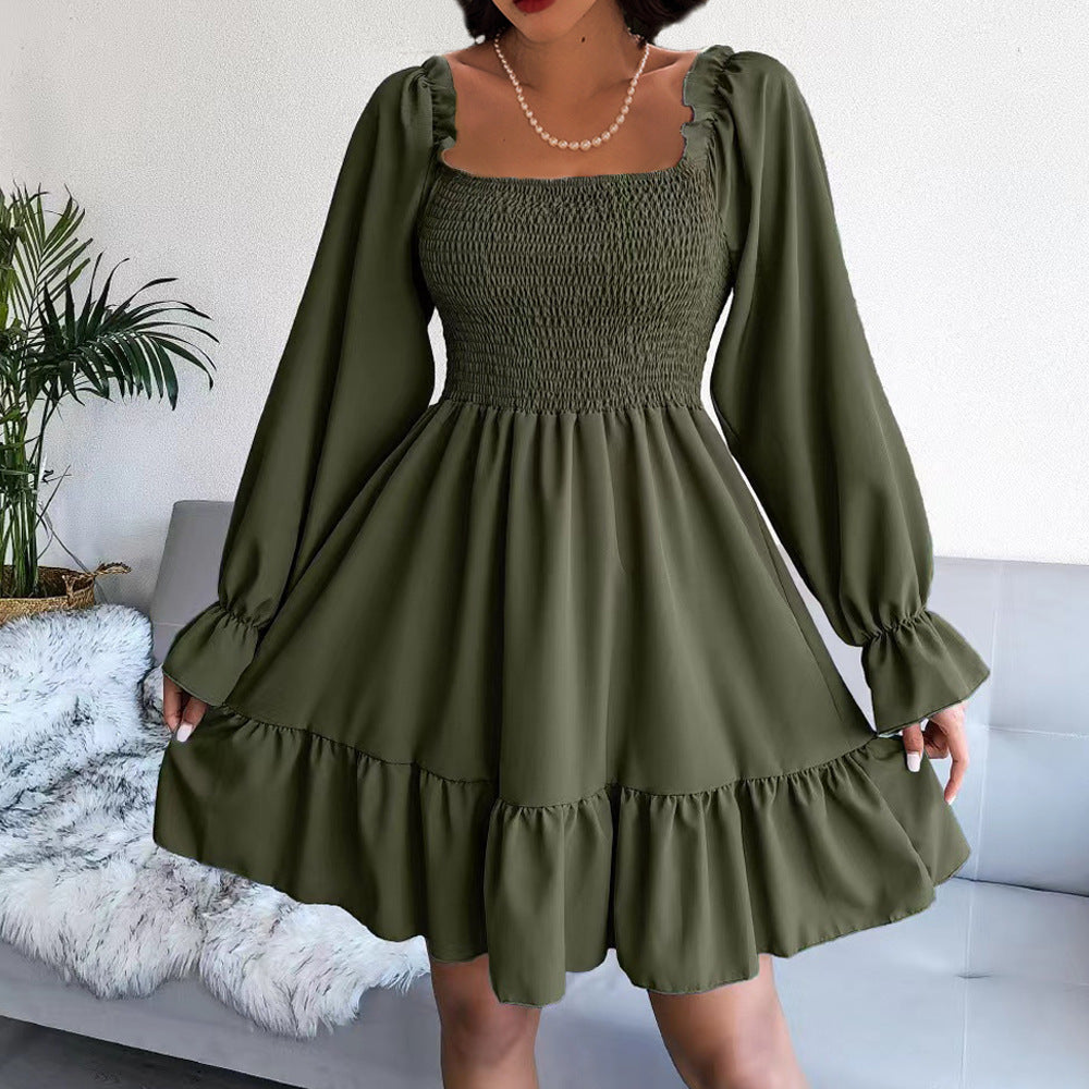 Women's Square Collar Flared Long Sleeve Ruffled Dresses