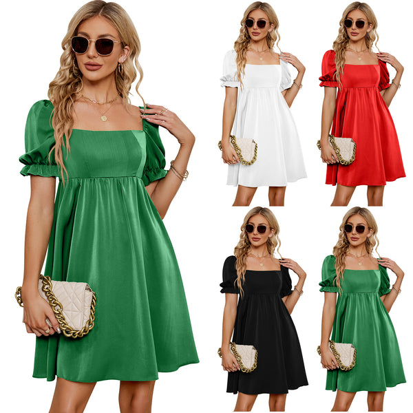 Women's Square Collar Mercerized Pleated Loose Dresses