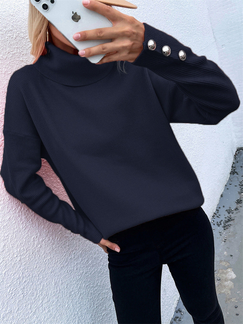 Women's Turtleneck Cuff Button Solid Color Casual Sweaters