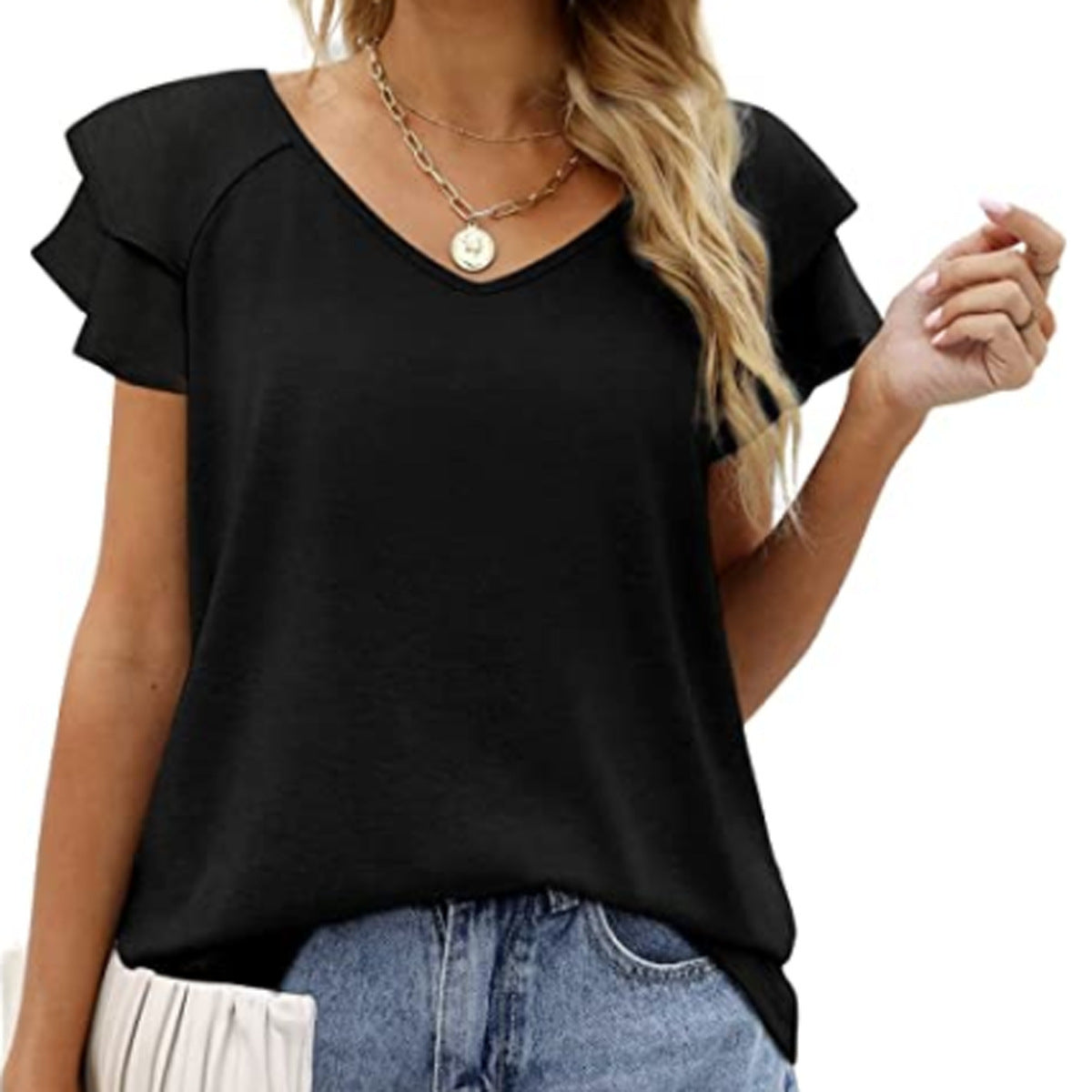 Women's V-neck Double Layer Ruffled Sleeve Blouses