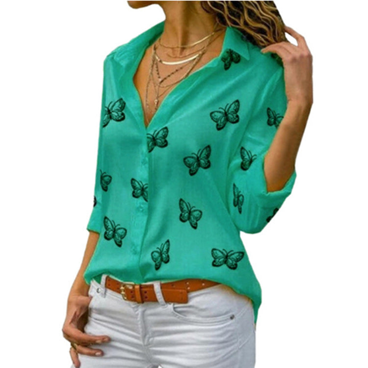 Women's Popular Butterfly Print Loose Lapels Shirt Blouses