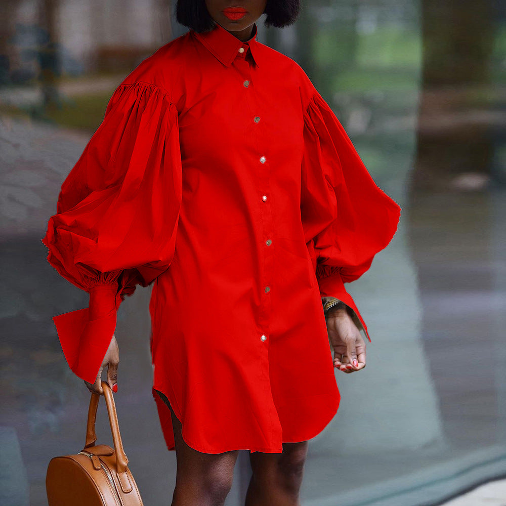 Robes chemise longues décontractées à manches bouffantes pour femmes, couleur unie