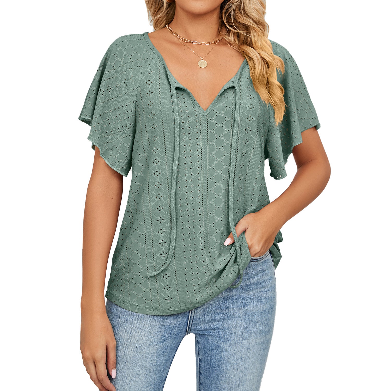 Women's Solid Color V-neck Lace-up Sleeve Loose Blouses