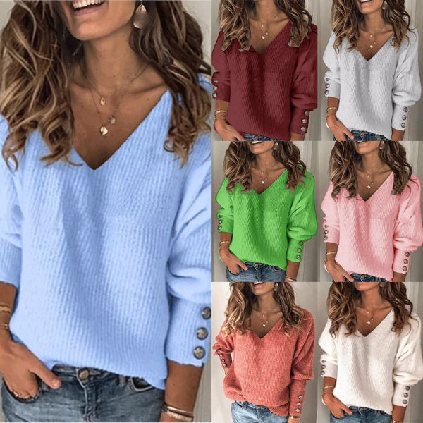 Women's Pure Color All-matching V-neck Loose Long Sweaters