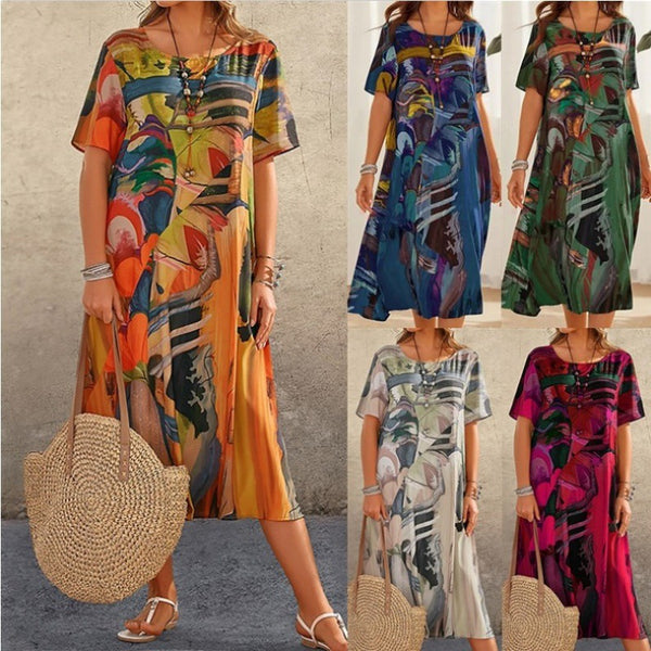 Printing Summer Sleeve Loose Round Neck Dresses