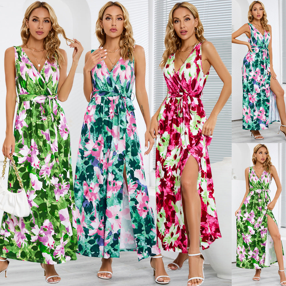 Women's Bohemian Printed Summer Sleeveless V-neck Slit Dresses