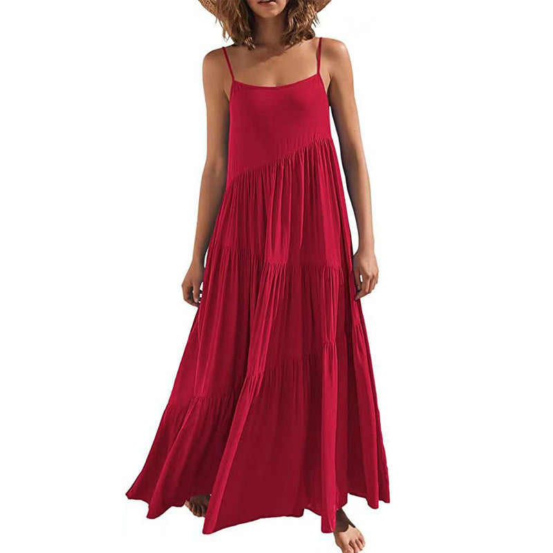 Women's Summer European Loose Solid Color Pleated Dresses