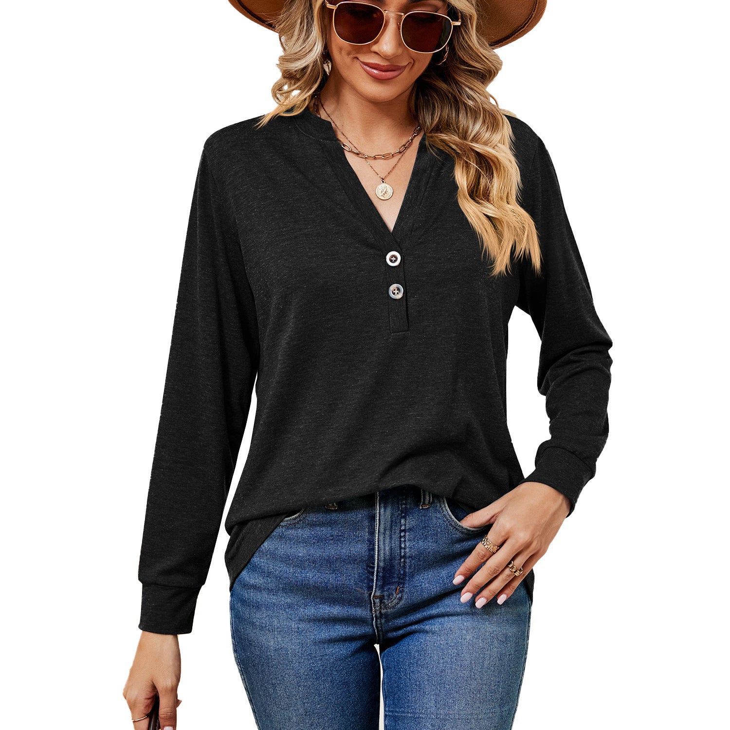 Women's Solid Color And Button Loose Long-sleeved Tops