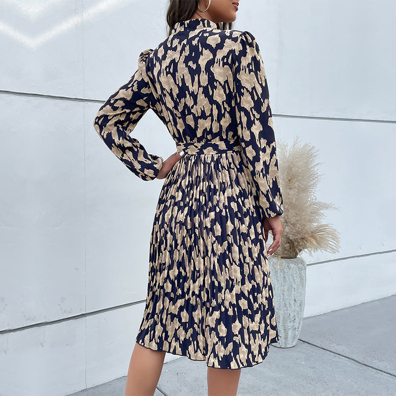 Women's Fashion Wear Spring Pleated Print Long Sleeve Dresses