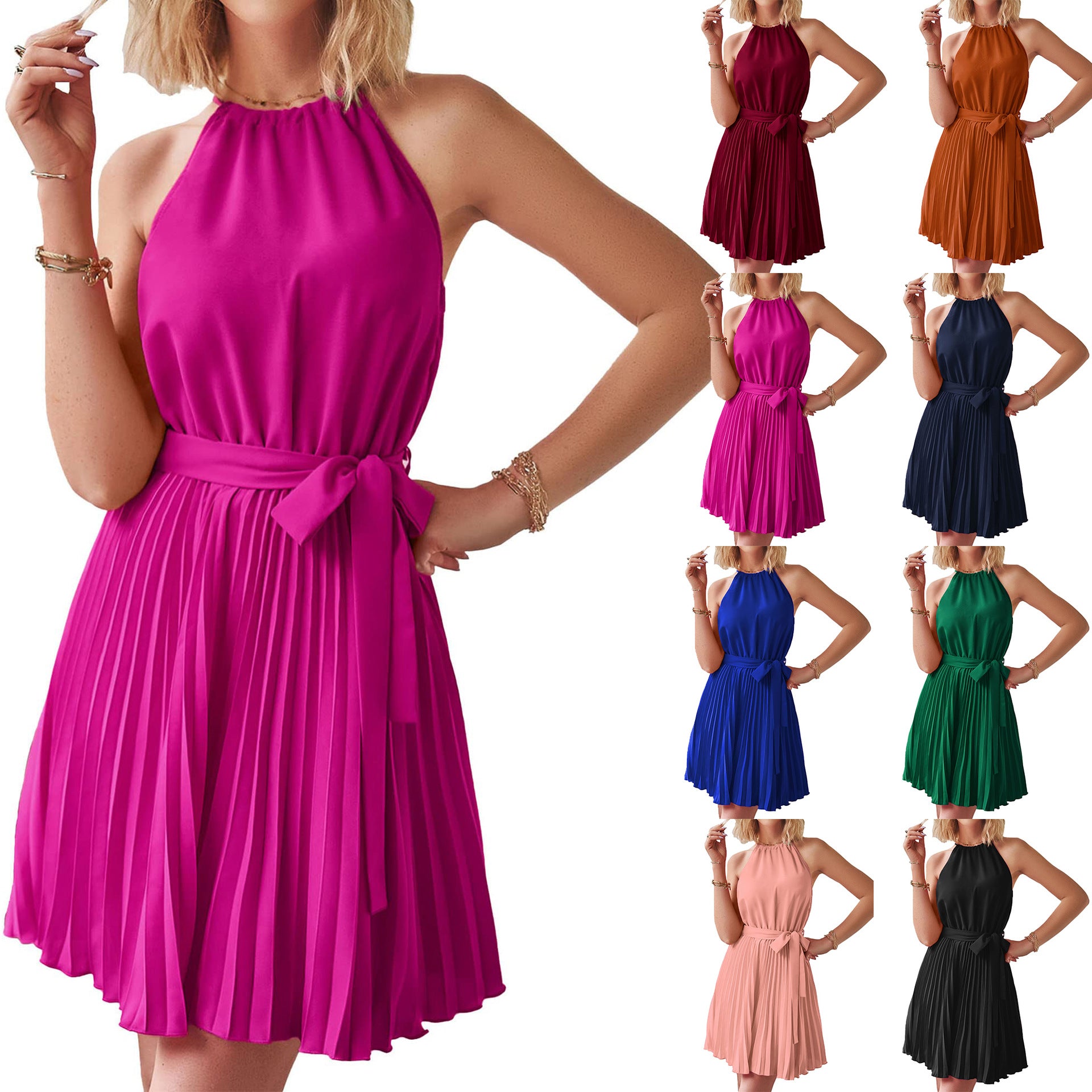 Summer Halter A- Line Sleeveless Belt Dresses