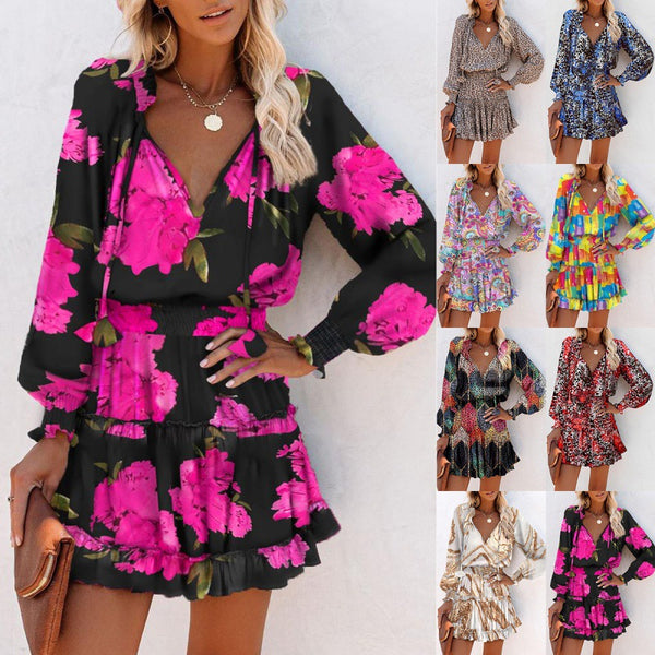 Beautiful Long Sleeve V-neck Printed Waist-controlled Dresses