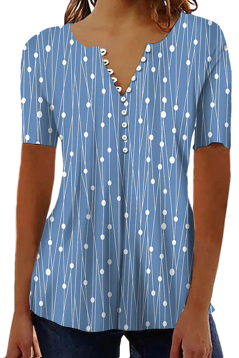 Clover V-neck Polka Dot Striped Button Blouses