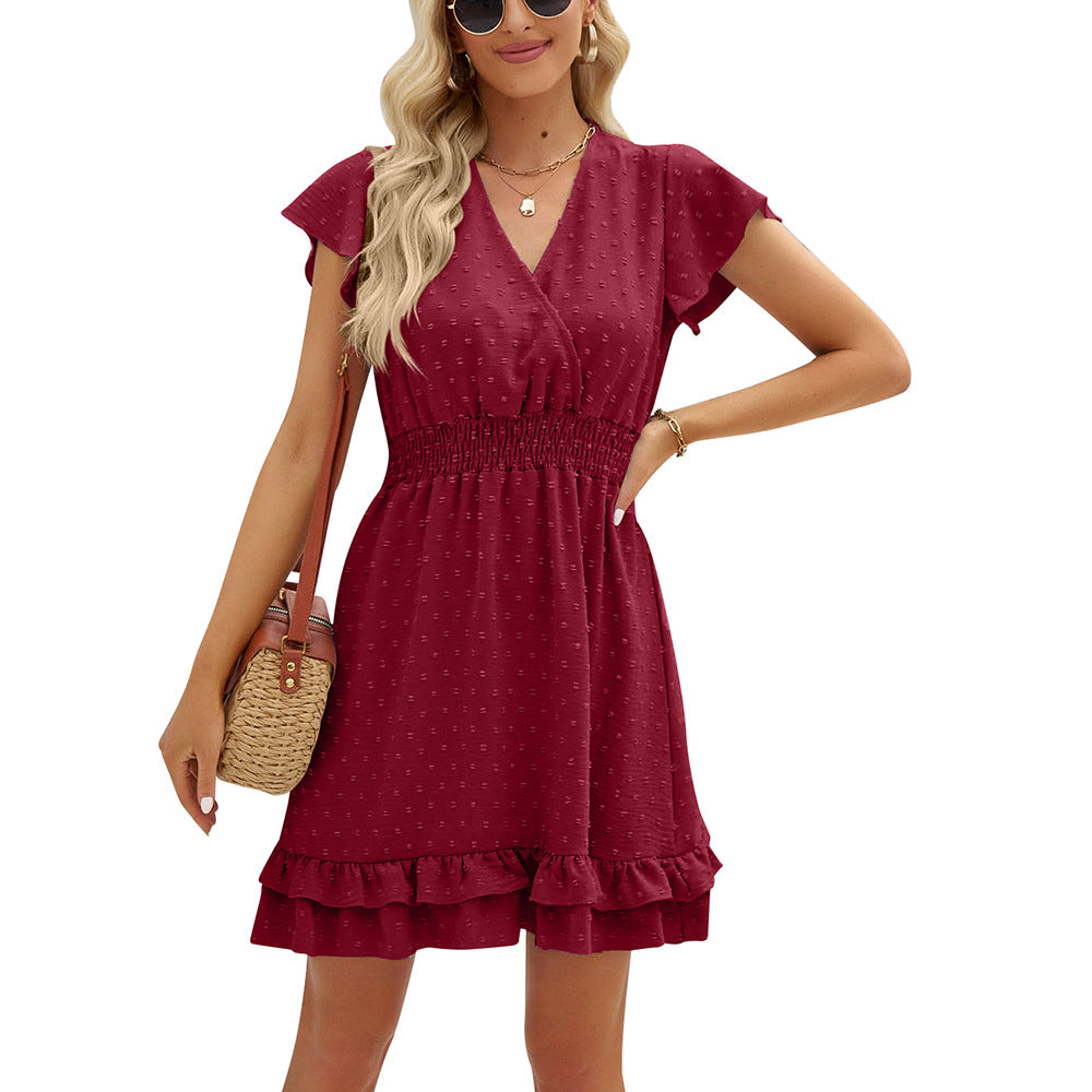 Women's Durable V-neck Ruffle Ball Pleated Dresses