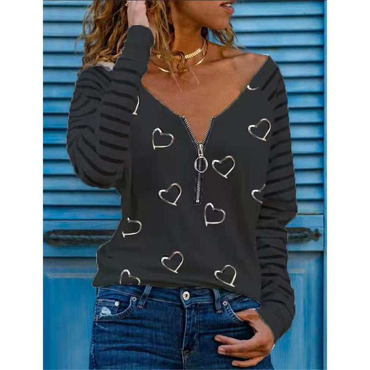 Women's Heart Printing Long-sleeve Zipper T-shirt Blouses