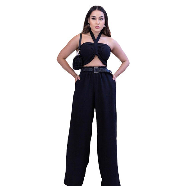 Women's Sleeveless Sexy Lacing Elastic Waist Loose Trousers Suits