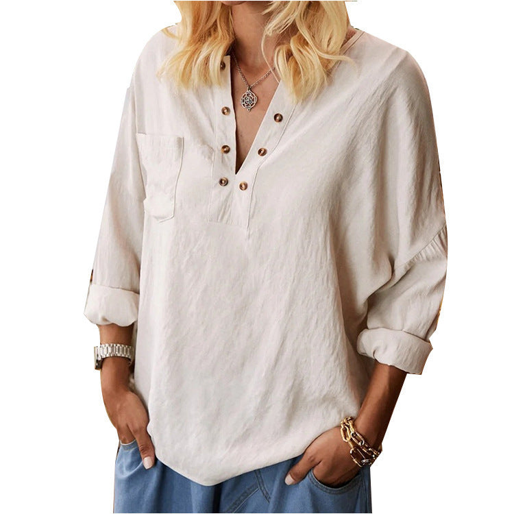 Women's Cotton Linen Shirt Solid Color Long-sleeved Blouses