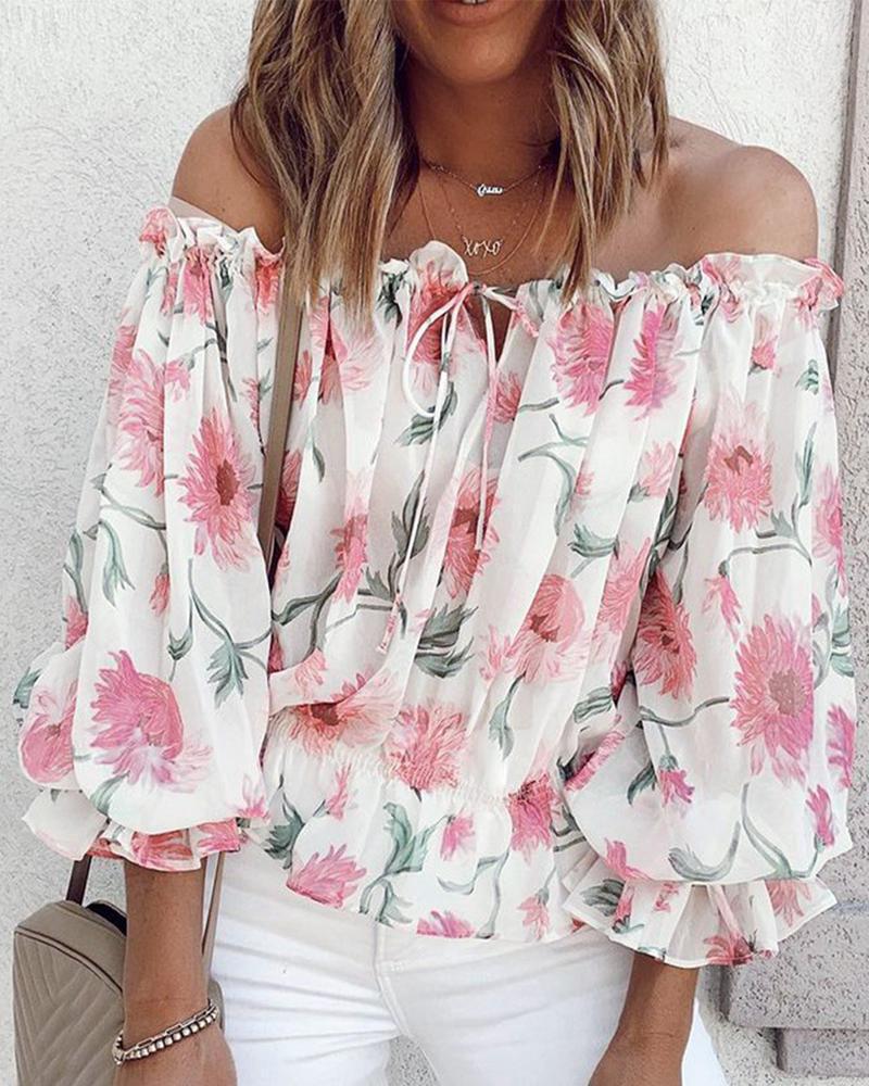 Women's Sexy Off-shoulder Chiffon Loose Printed Long-sleeved Blouses