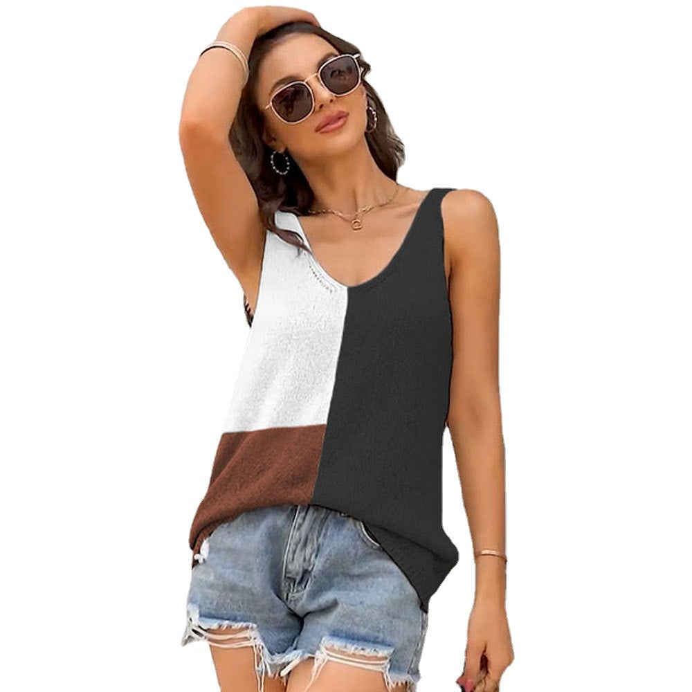 Women's Stitching Contrast Color V-neck Loose For Tops