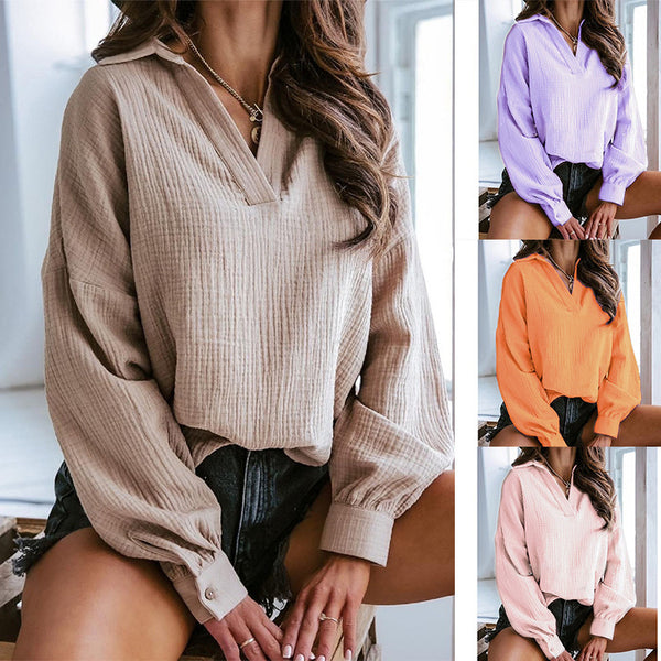 Women's Lapel Lantern Long Sleeve Solid Color Blouses