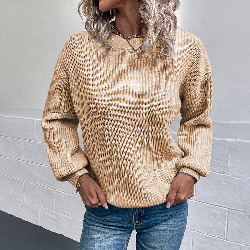 Women's Solid Color Round Neck Pullover Lantern Sweaters