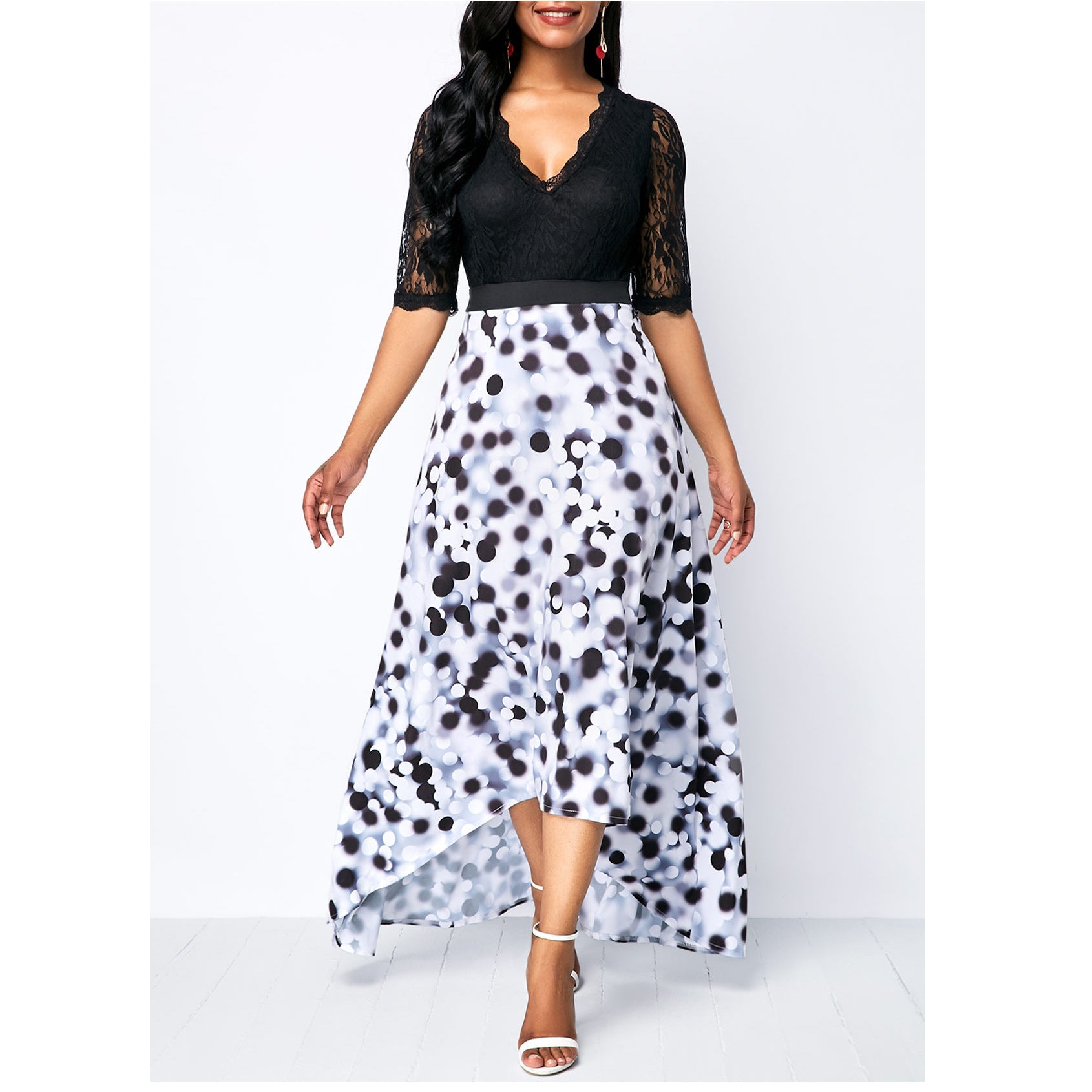 V-collar Dot Printed Lace Patchwork Waist-slimming Irregular Dresses