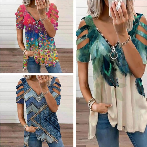 Women's Printed Zipper V-neck Pullover Sleeve Loose Blouses