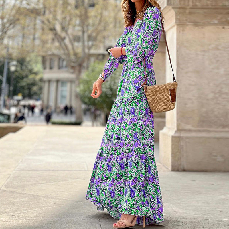 Women's Spring Elegant V-neck Bohemian Printed Large Dresses