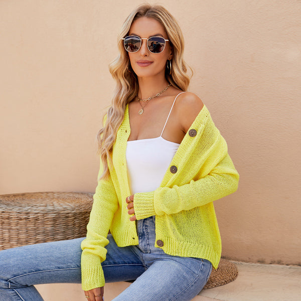 Women's Raglan Sleeve Thin Fluorescent Powder V-neck Sweaters