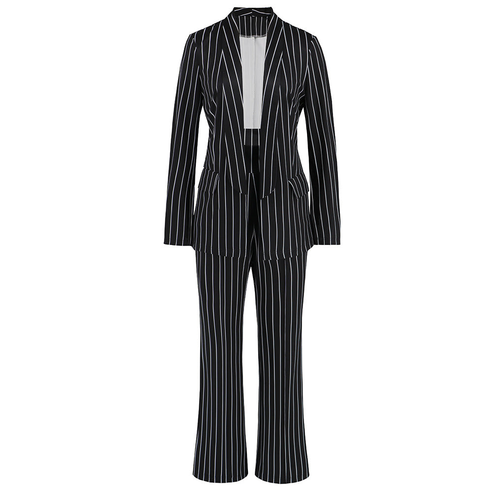 Women's Casual Striped Lapel Long Sleeve Loose Suits