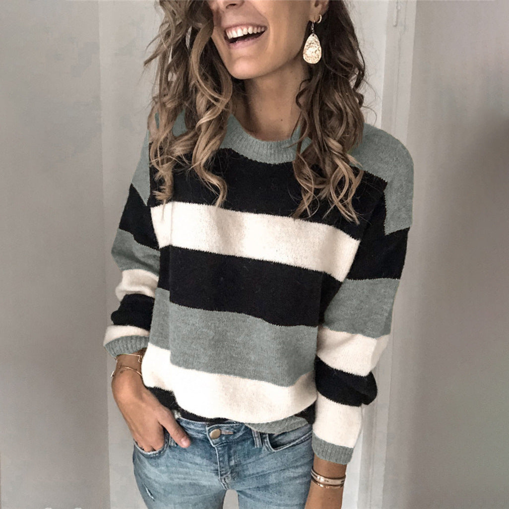 Women's Large Contrast Color Striped Pullover Loose Sweaters