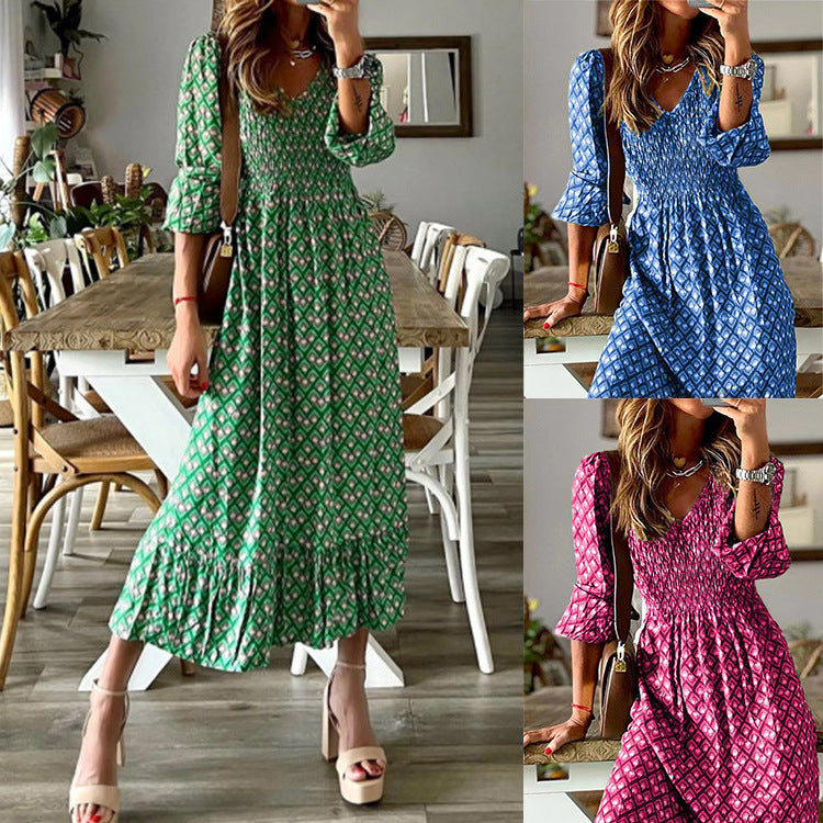 Women's Fashion Long Dress Green Printing Stitching Dresses