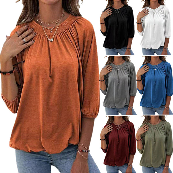 Women's Spring Solid Color Loose Round T-shirt Blouses