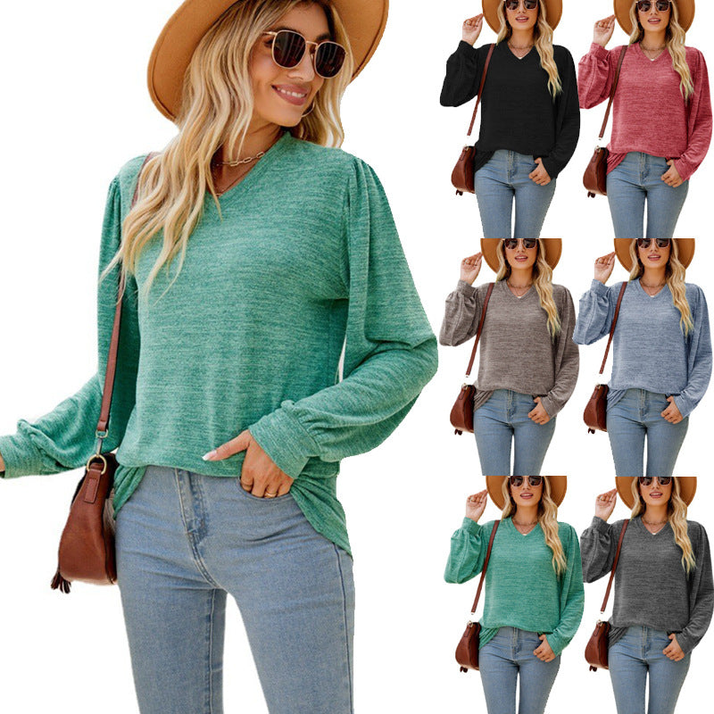 Women's Loose Casual Puff Sleeve V-neck Long Tops