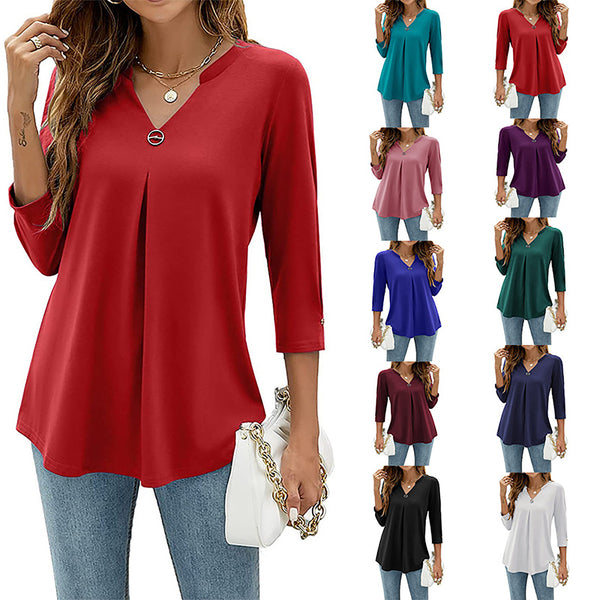 V-neck Three-quarter Sleeve Tight Decorative Buckle Pleated Blouses