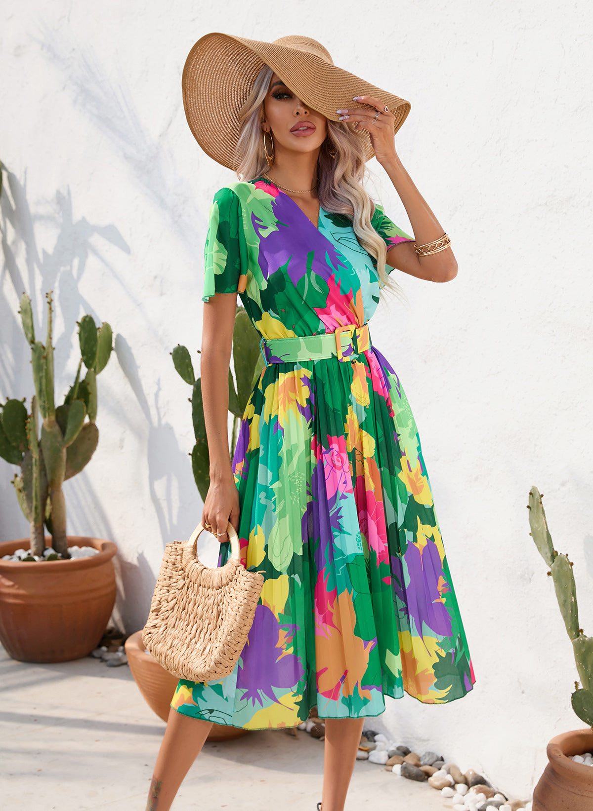 Women's Summer Floral Print Crumpled Short-sleeved Dresses