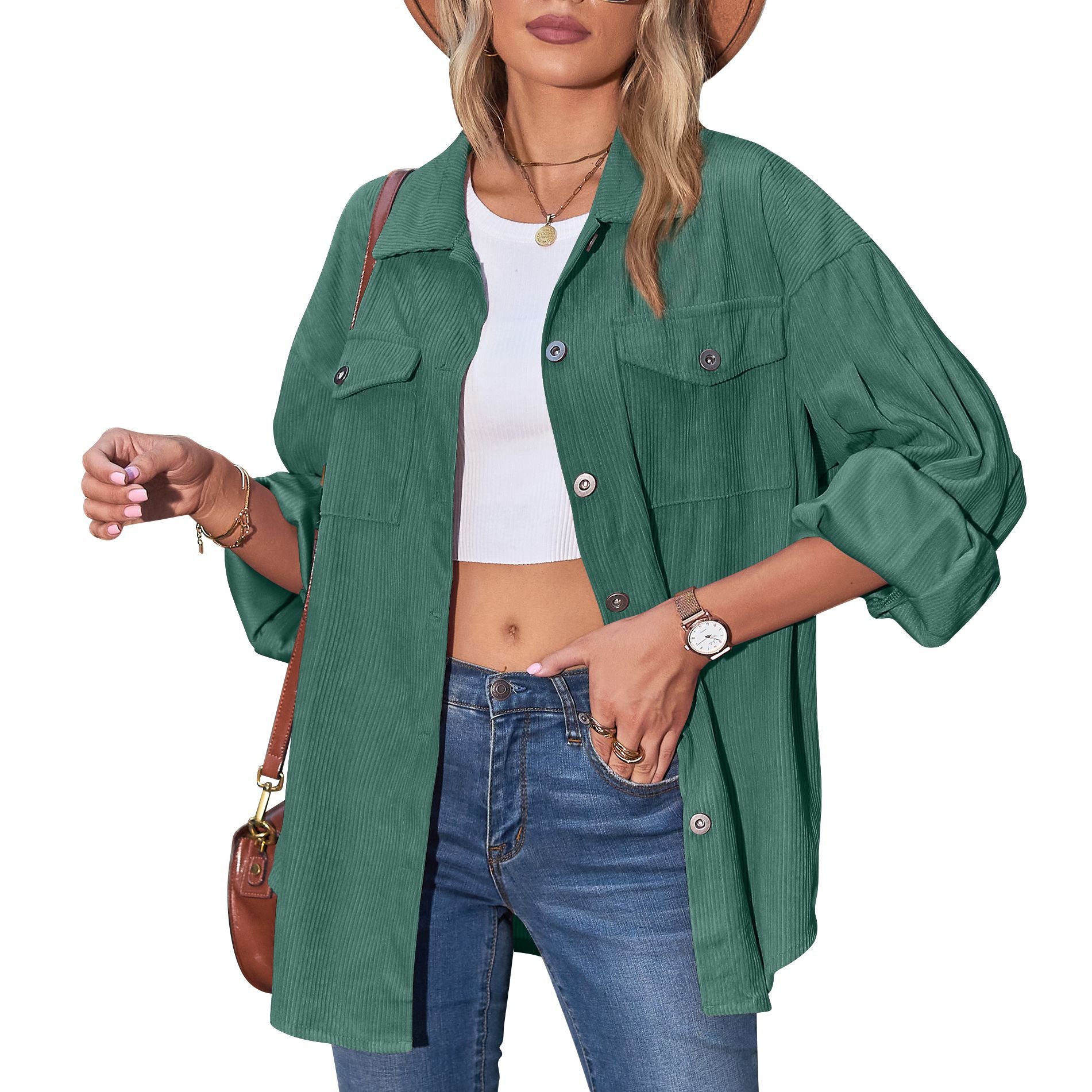 Women's Casual Loose Lantern Sleeve Corduroy Shirt Blouses