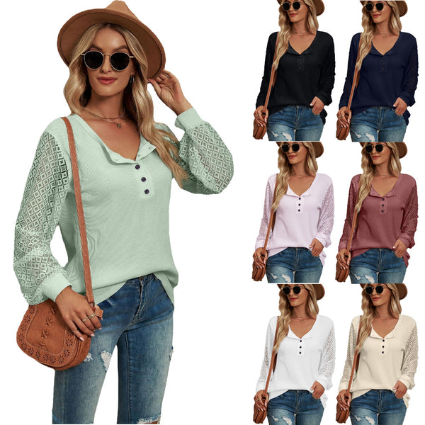 Women's Lace Stitching Long Sleeve Button T-shirt Blouses