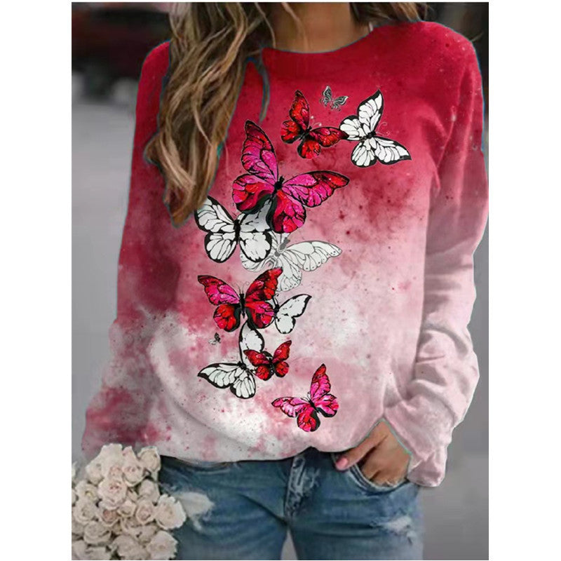 Women's Floral Butterfly Animal Print Round Neck Long Blouses