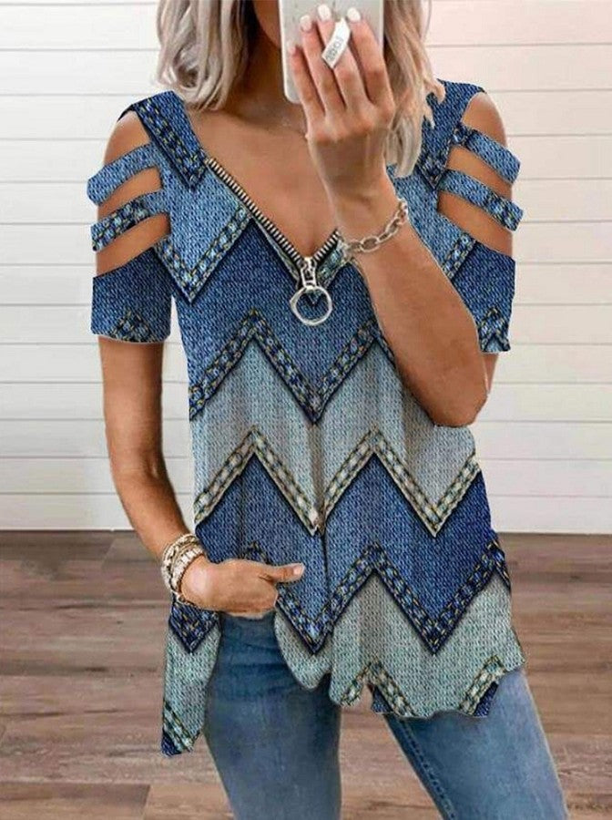 Women's Printed Zipper V-neck Pullover Sleeve Loose Blouses