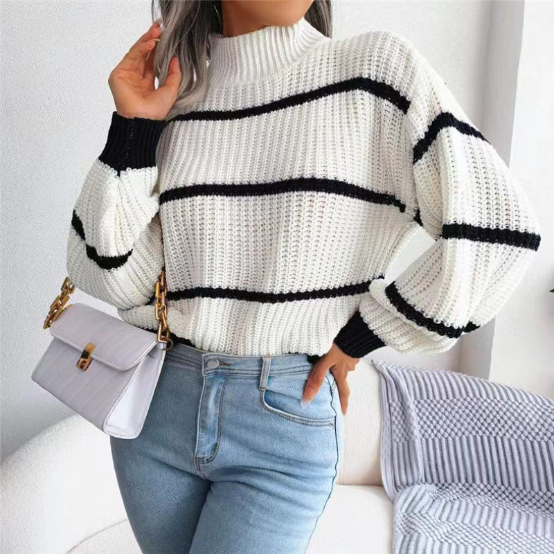 Women's Striped Lantern Sleeve Half Turtleneck Knitted Sweaters