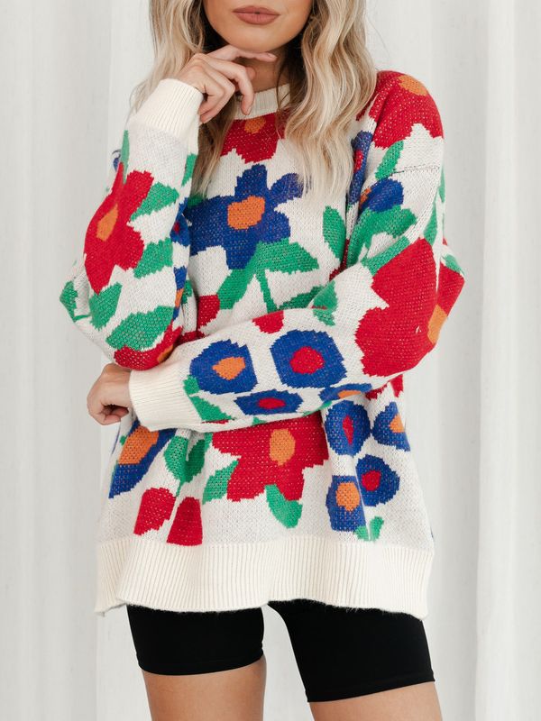 Women's Flower Embroidery Round Neck Loose Long Sleeves Sweaters