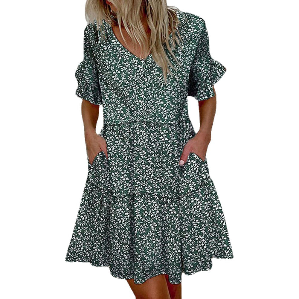 Women's Summer Loose Fashion V-neck Print Ruffled Pocket Dresses