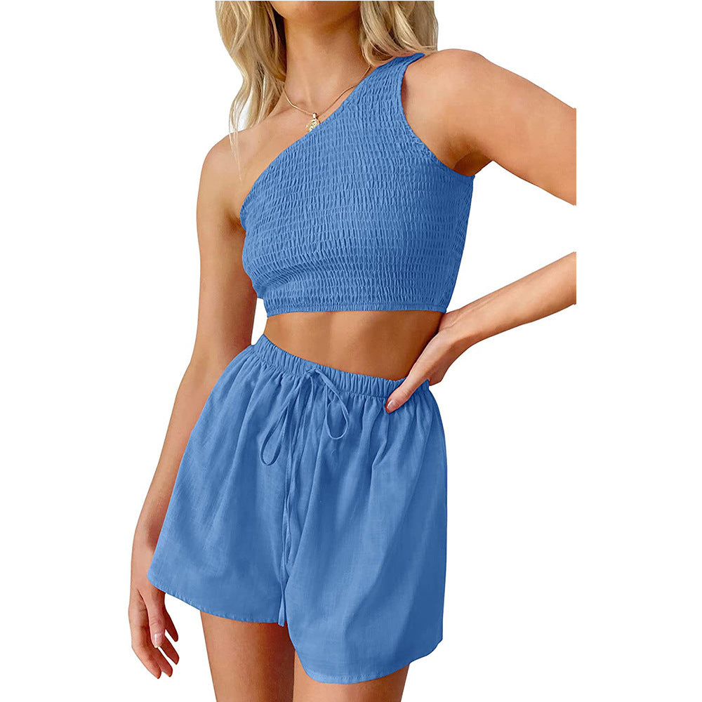 Women's One-shoulder Pleated Midriff-baring Beach Two-piece Suits