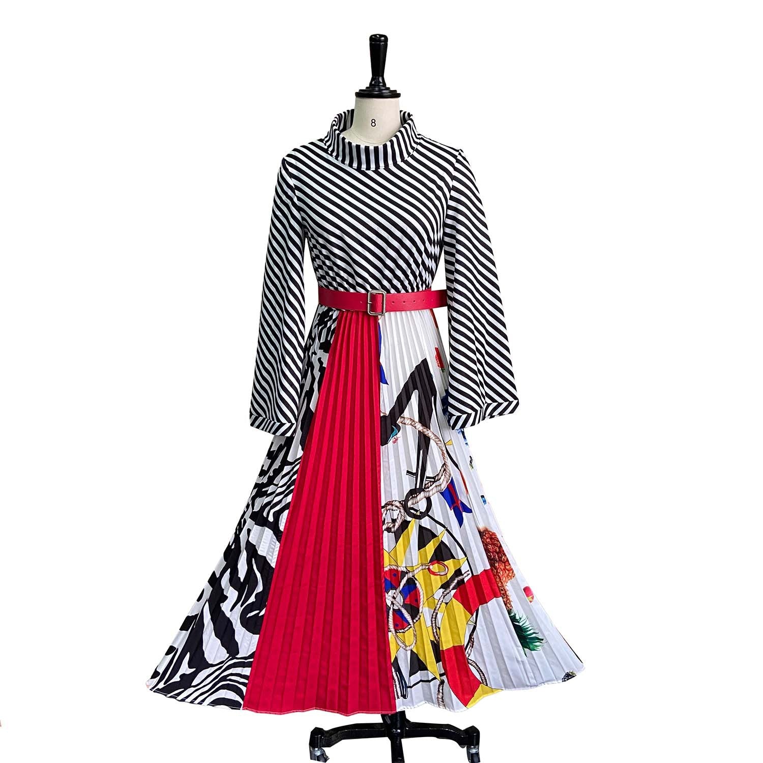 Women's Autumn Temperament Commute Printed Waist-controlled Pleated Dresses