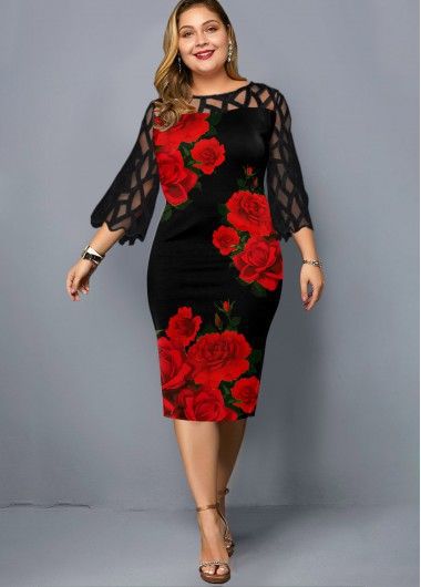 Women's Digital Printing Lace Stitching 3/4 Sleeve Large Dresses