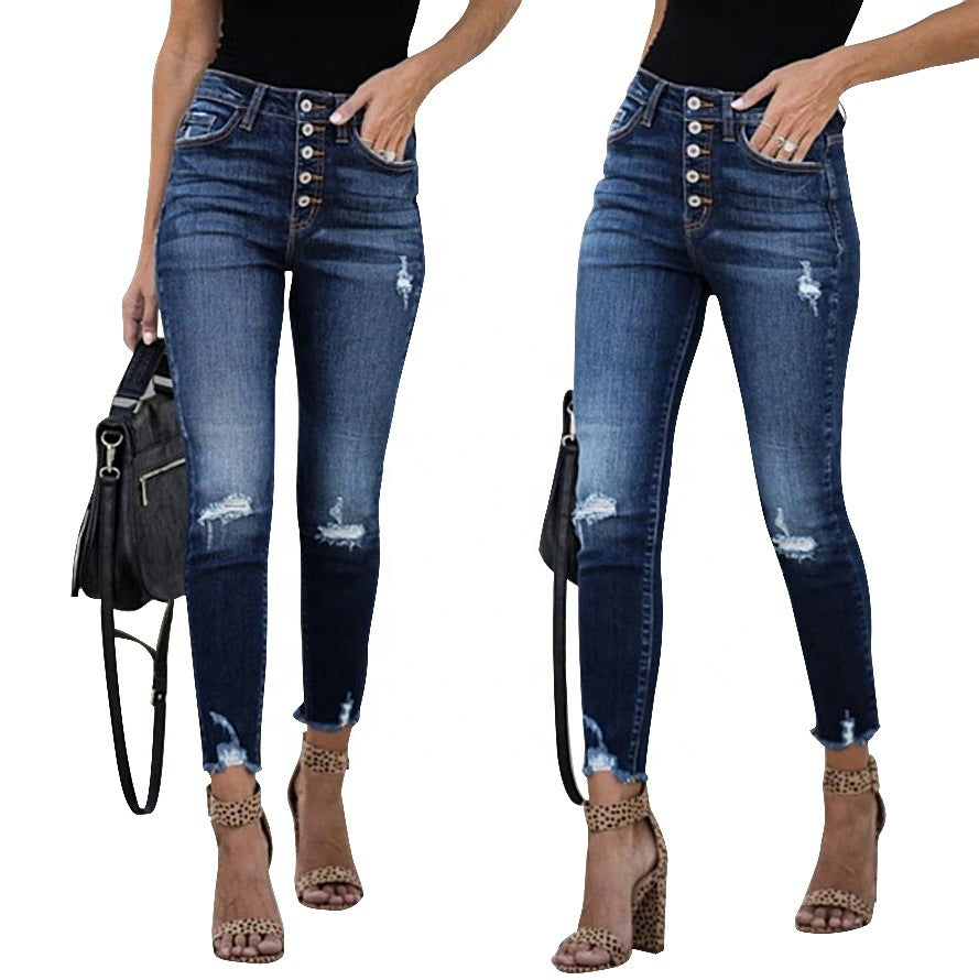 Women's High Waist Retro Breasted Skinny Stretch Ripped Jeans