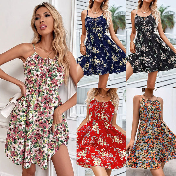 Damen Sommer Blumen ärmellose elastische Taille für Kleider