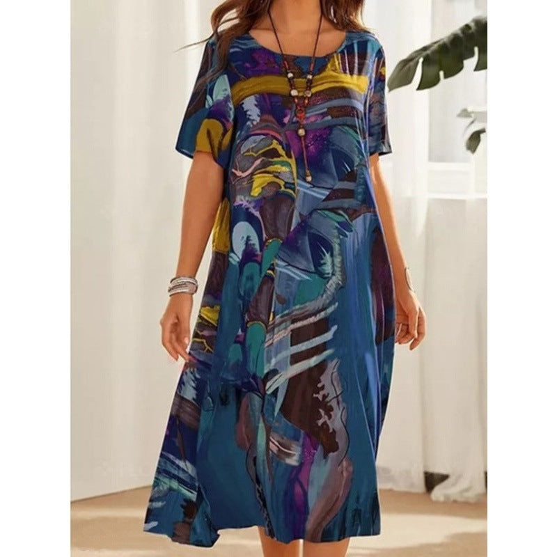 Printing Summer Sleeve Loose Round Neck Dresses